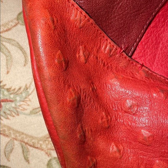 Halston Heritage Red Patchwork Ostrich Pebbled Burgundy Leather Hobo Bucket Bag - Picture 14 of 16